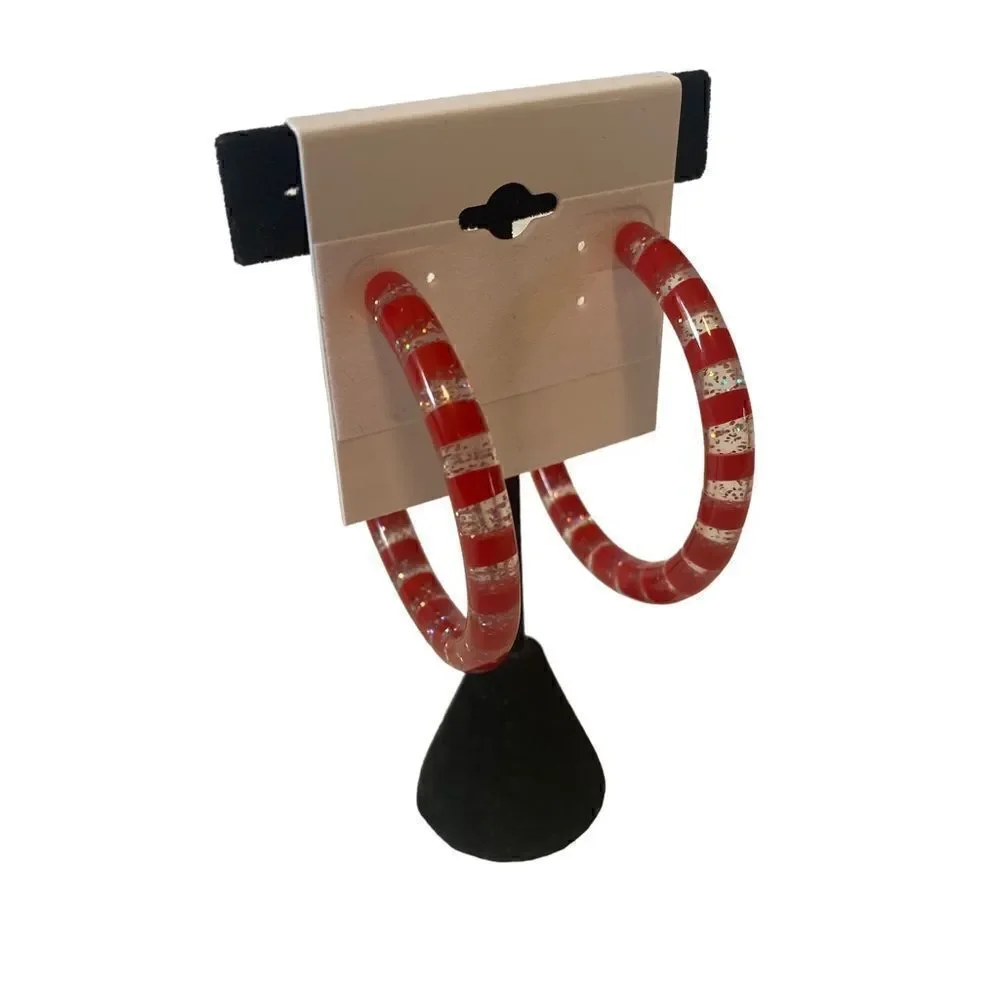 Darbie Angell Red Striped Sparkly & Clear Resin Hoops.